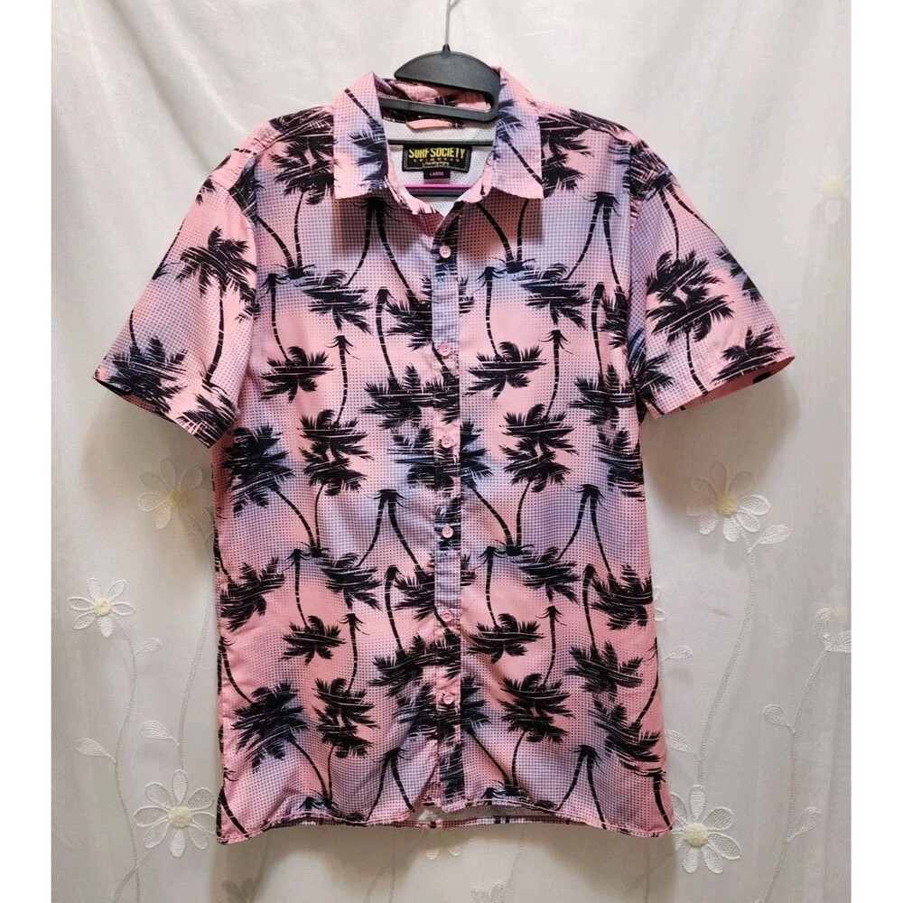 Surf Society Mens Large Pink Swimwear Shirt Tropical Vacation Resort Palm Neon